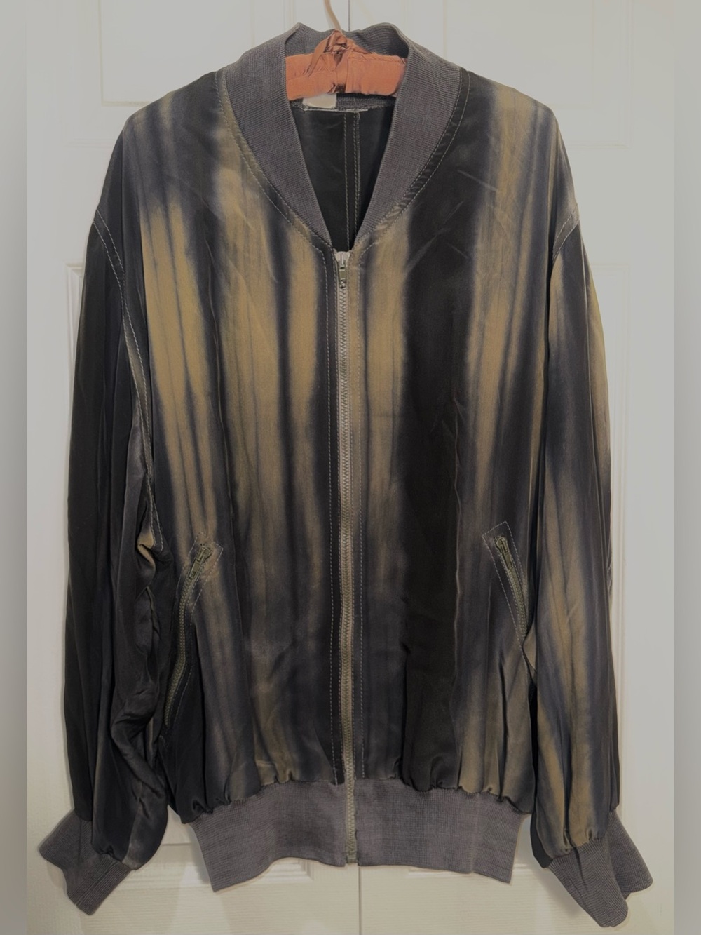 Vintage Made In Italy 100% Silk Ombre Bomber Jacket Oversized Black Bronze